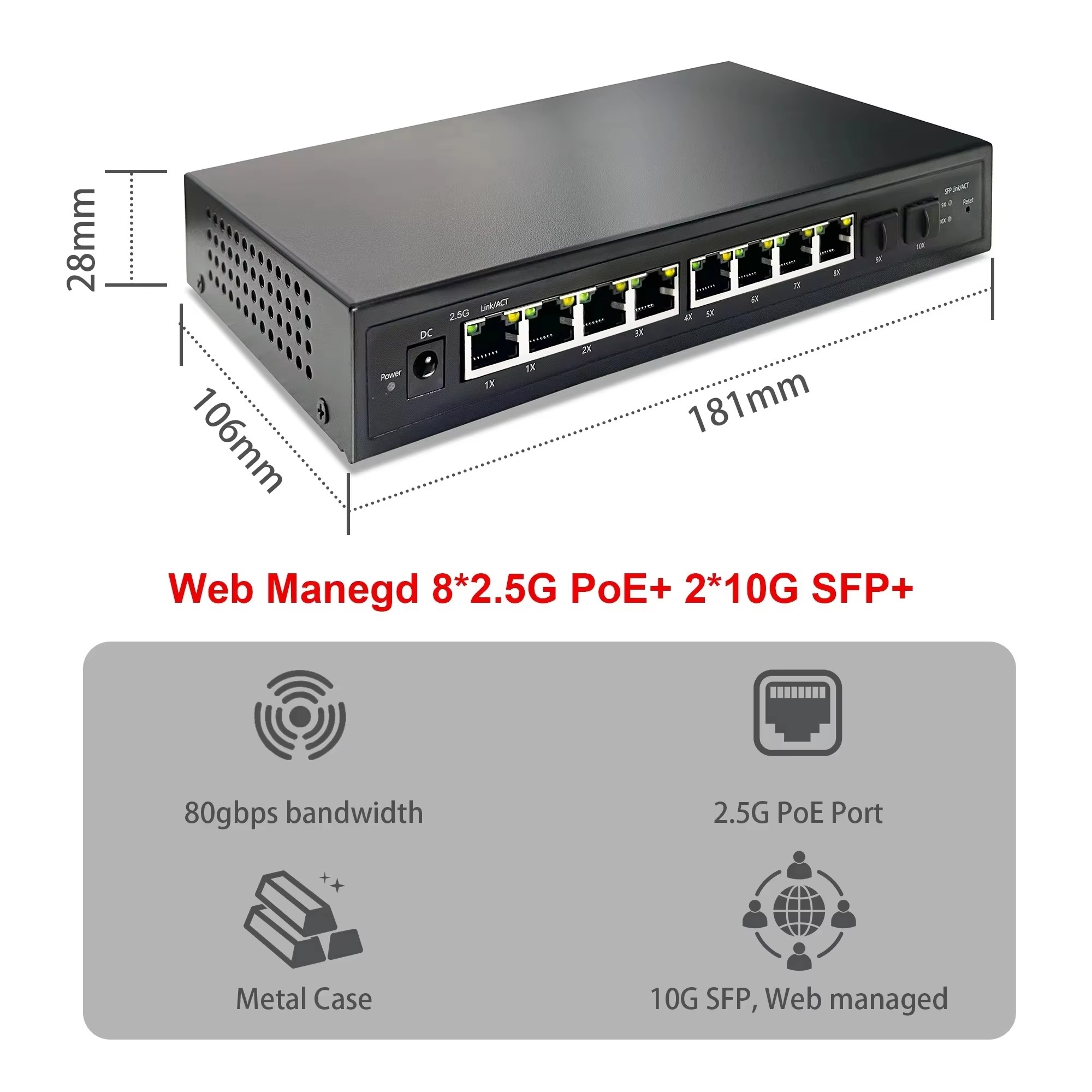 Sfp+ 10G Managed Switch 8 Port - 2,5G Smart Web-Managed PoE-Switch 8-Port IEEE802.3af/at